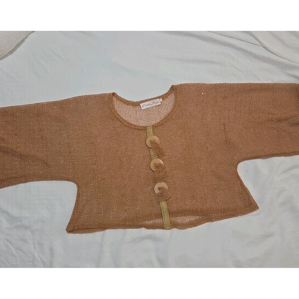 Pretty Angel Women's Small‎ Open Knit Cropped Sweater Tan Metallic Sparkle Short